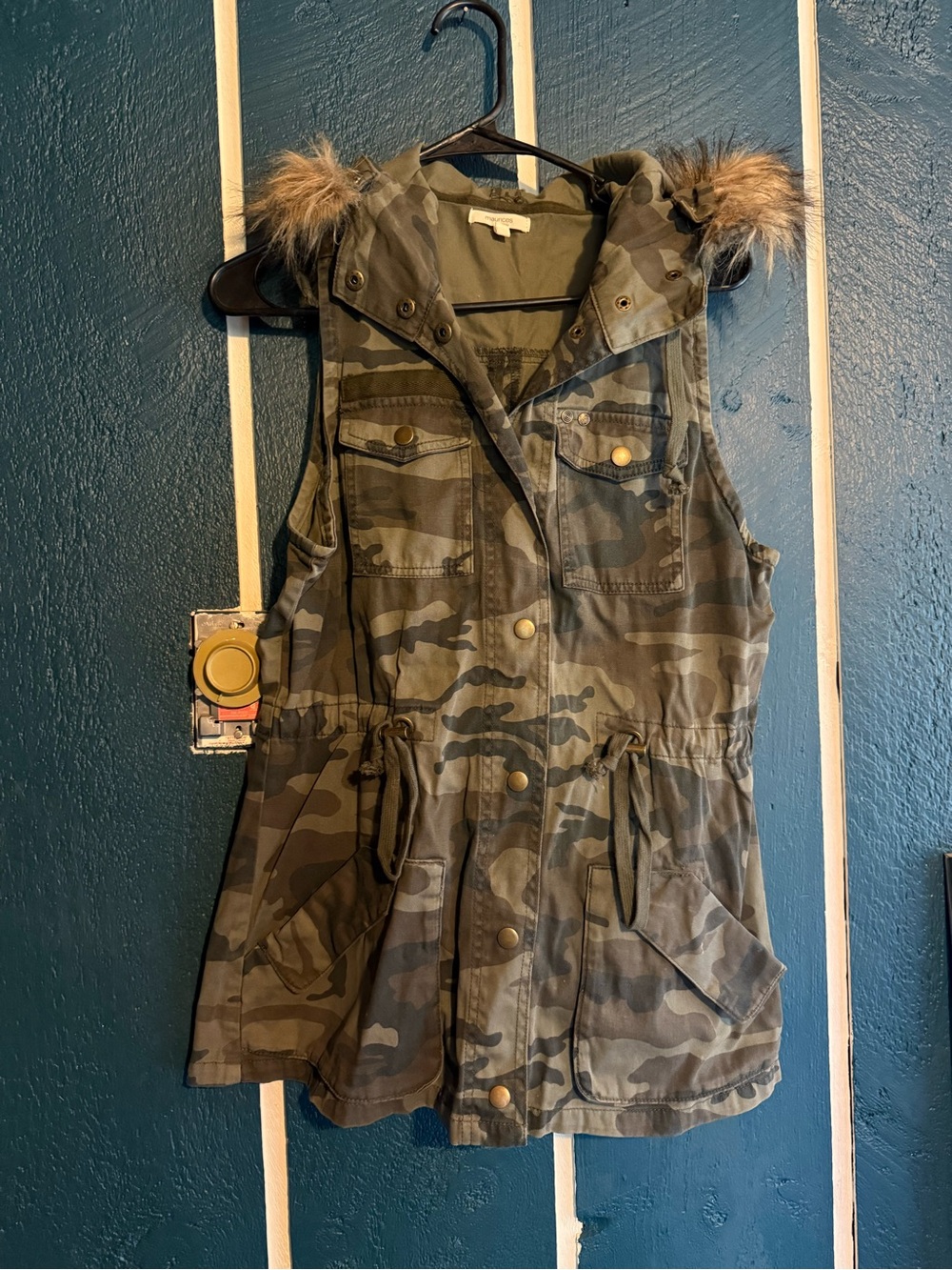 Maurices Green Camo Utility Vest with Faux Fur Hood Trim